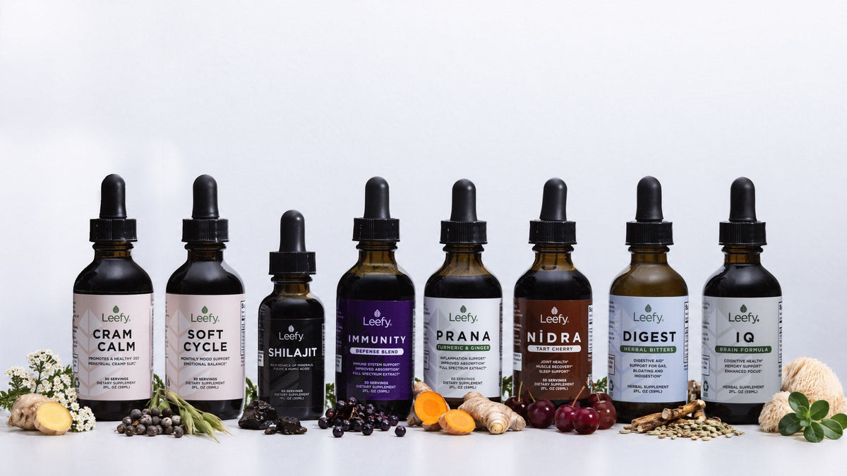 The Leefy Organics range: eight organic liquid herbal drops with their botanical ingredients