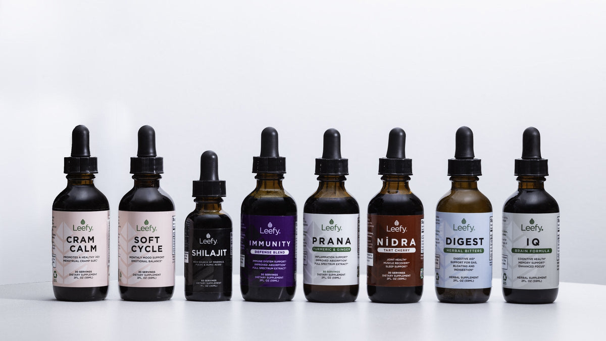 The Leefy Organics range: eight organic liquid herbal drops side by side