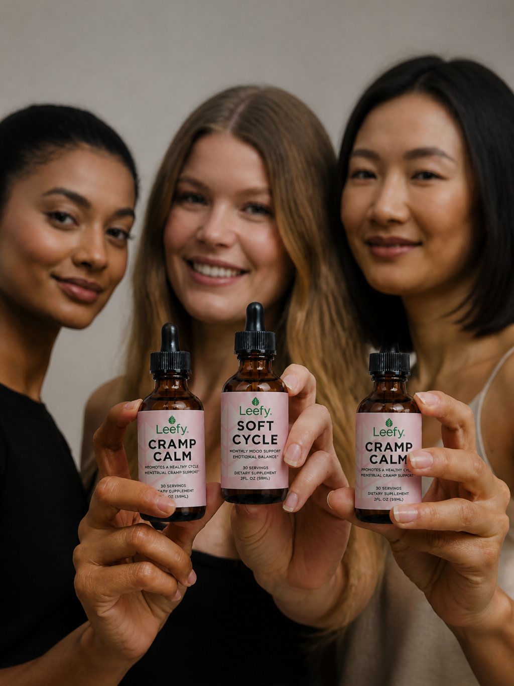 Three women smiling and holding Cramp Calm and Soft Cycle bottles toward the camera